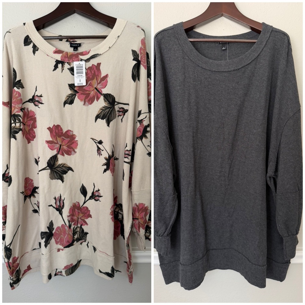 Lot of 2 Torrid 4X Floral Grey Cotton Texture Crew Neck Oversized Sweatshirt NEW